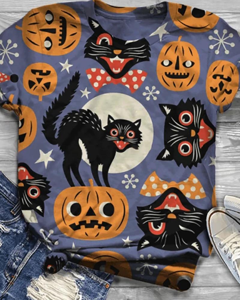 

Halloween Pumpkin Cat Print Casual T-shirt, Blue