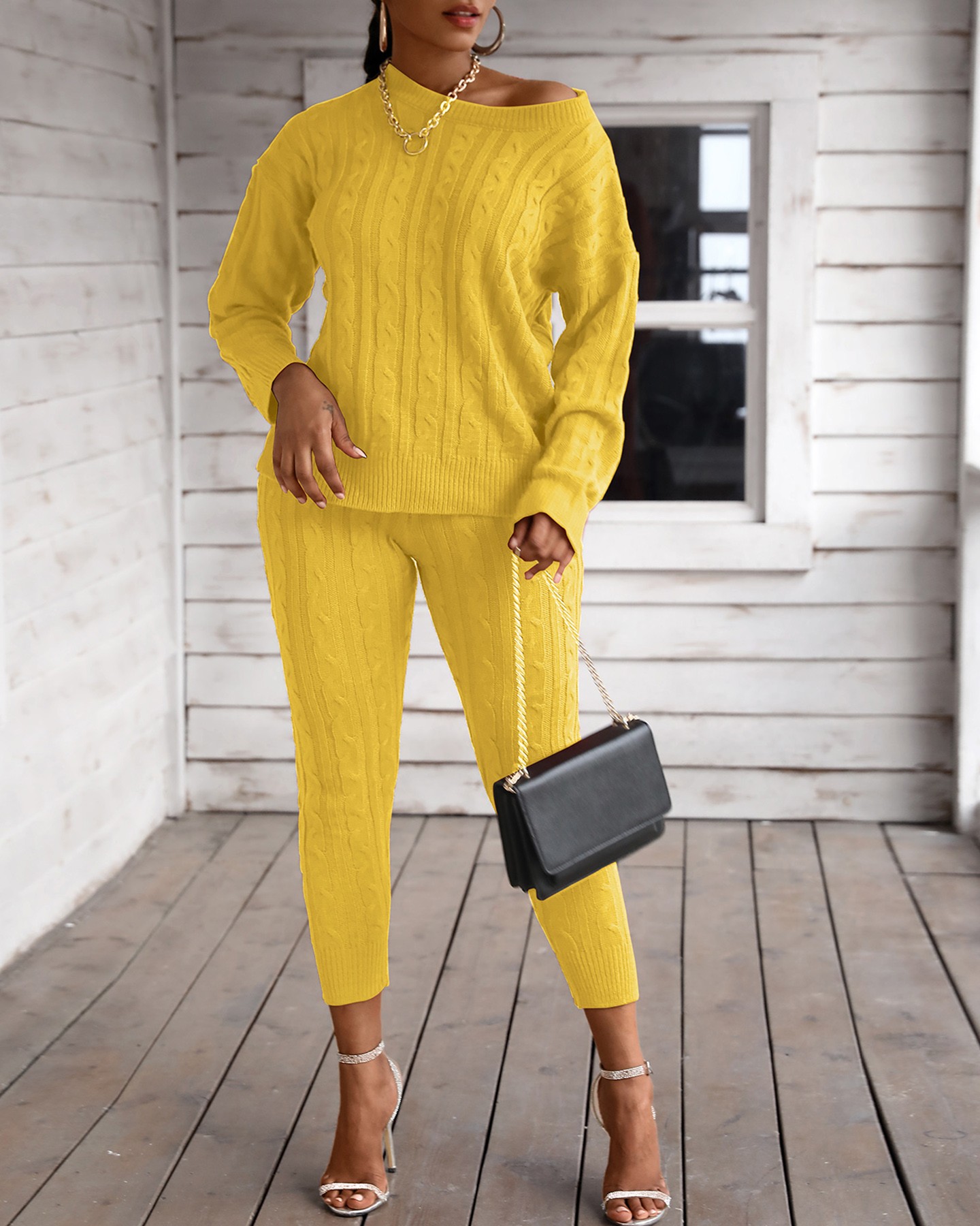 Solid Ribbed Knitting Casual Sweater & Pants Sets