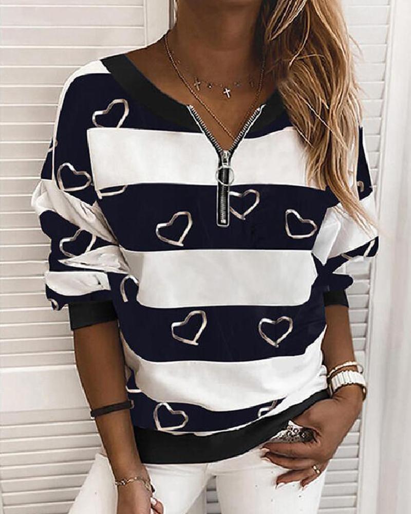

Striped Heart Print Long Sleeve Sweatshirt, Black