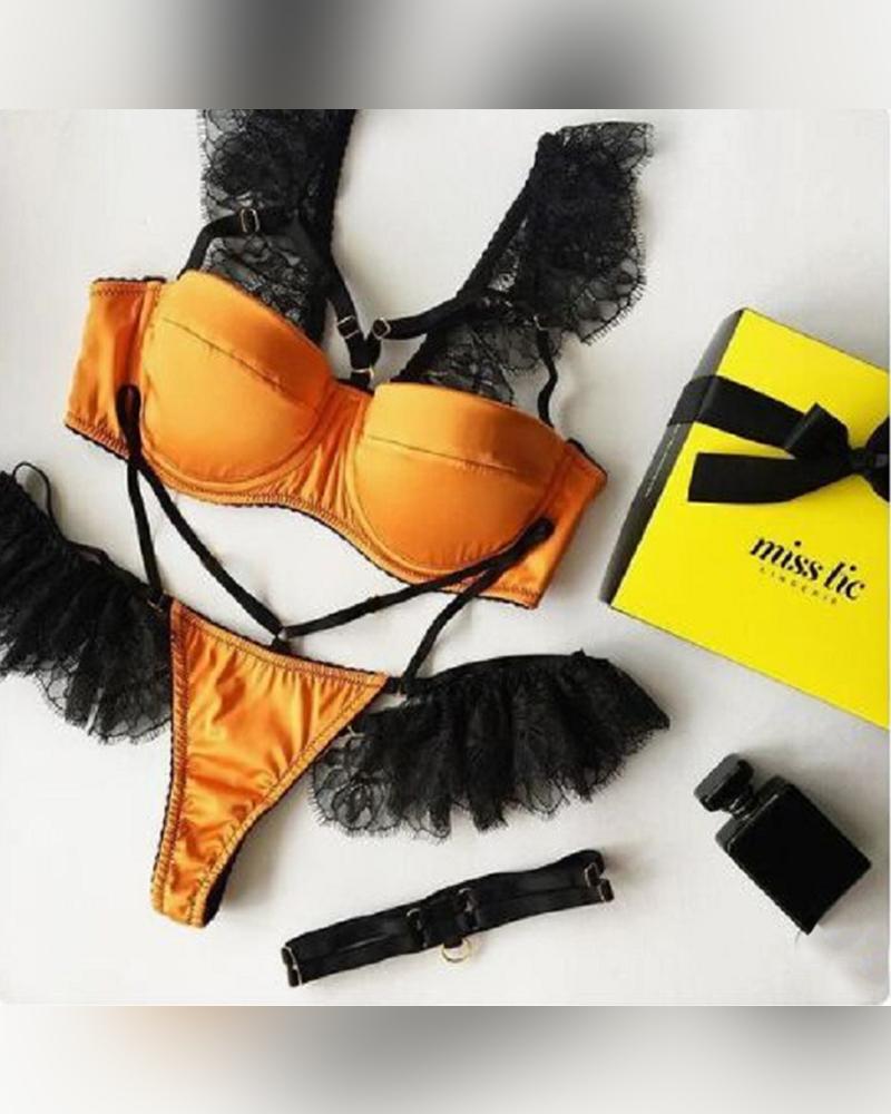 

Lace & Mesh Patchwork Strap Bra With Panties Bikini Sets, Orange