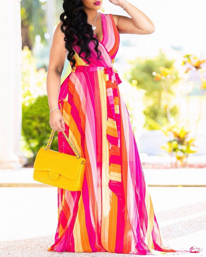 

Colorful Print Sleeveless Maxi Dress, Red