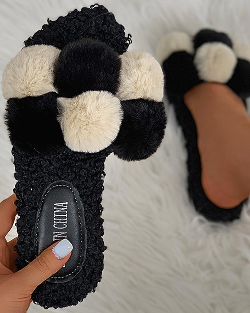 

Plain / Colorblock Pom Pom Fluffy Slippers, Black