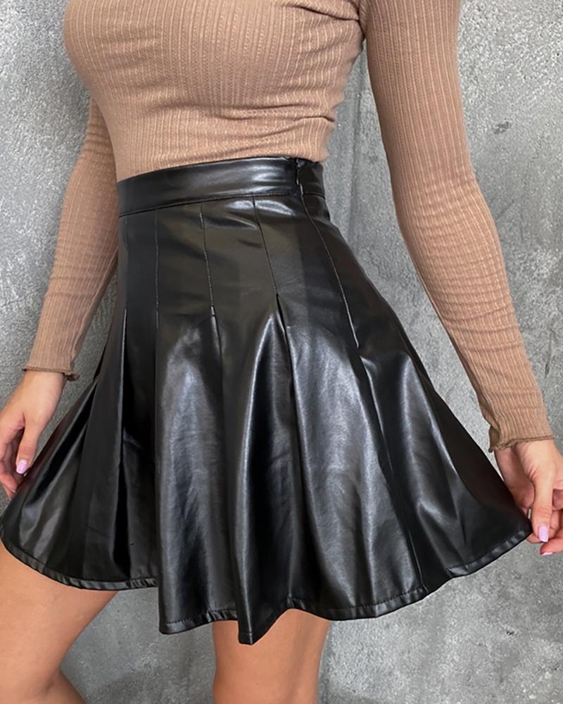 

High Waist PU Leather Pleated Skirt, Black