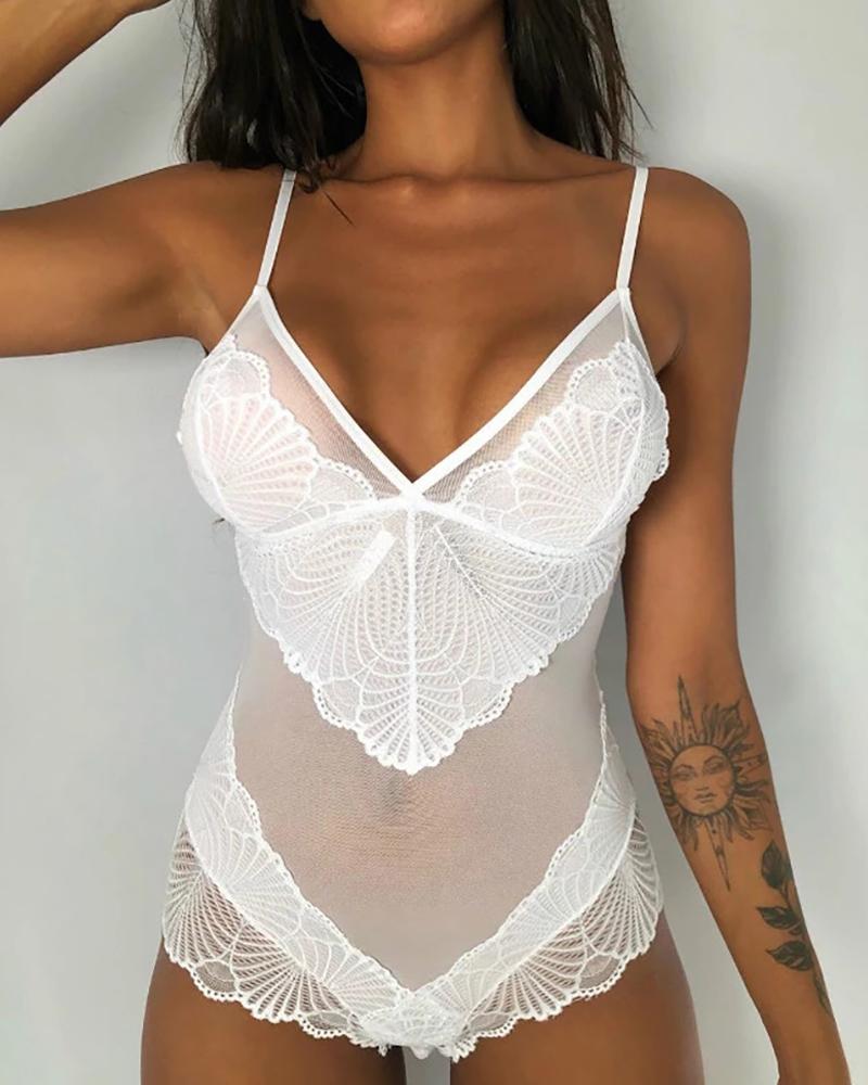 

Sheer Mesh Floral Lace Teddies, White