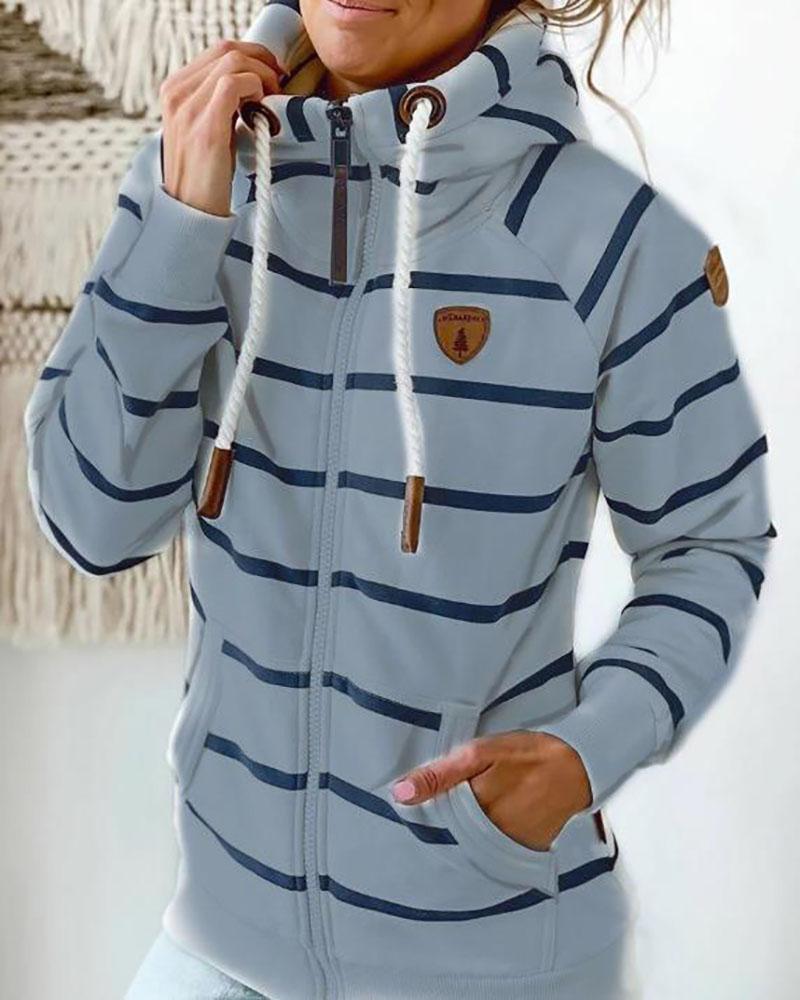 

Striped Zipper Pocket Design Hooded Coat, Blue
