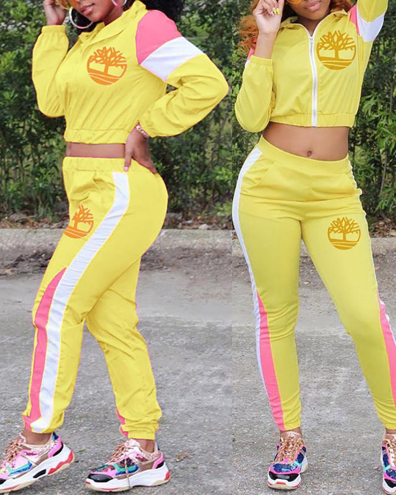 

Colorblock Zipper Design Top & Pants Set, Yellow