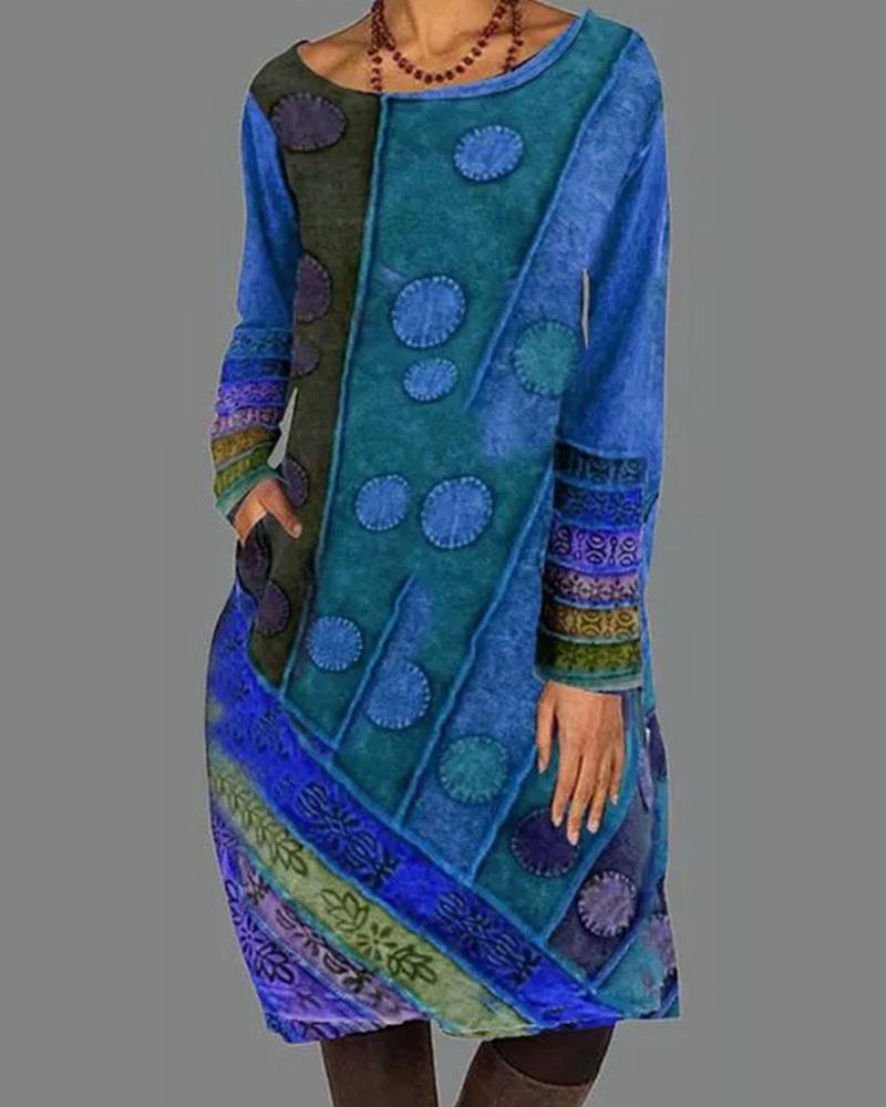 

Plus Size Colorblock Pocket Design Long Sleeve Dress, Blue