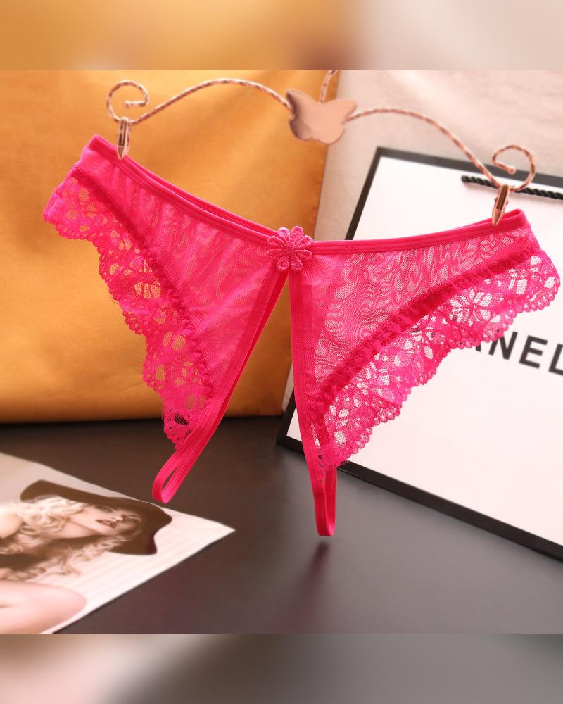 

Solid Lace Contrast Skinny T-string Panties, Hot pink