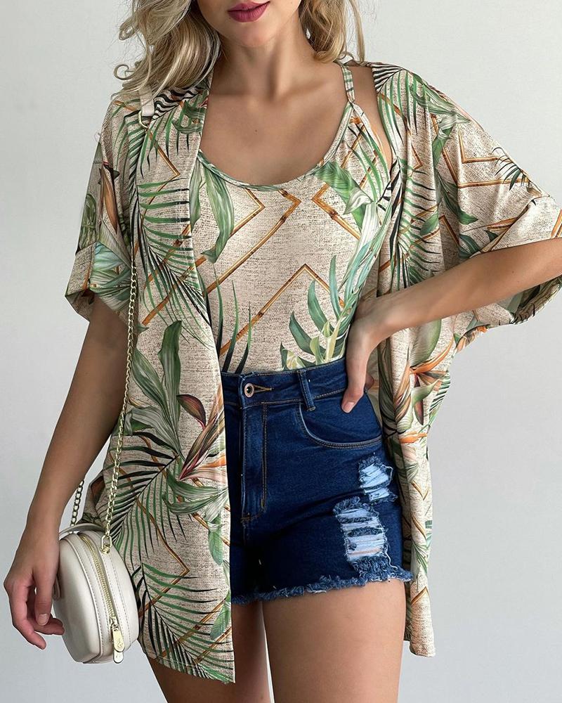 

All Over Print Backless Cami Bodysuit & Short Sleeve Cover Ups Set, Beige