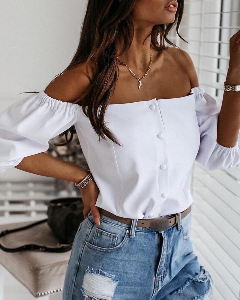 

Off Shoulder Button Design Lantern Sleeve Top, White