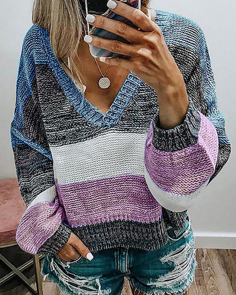 

Colorblock Lantern Sleeve Knit Top, Purple