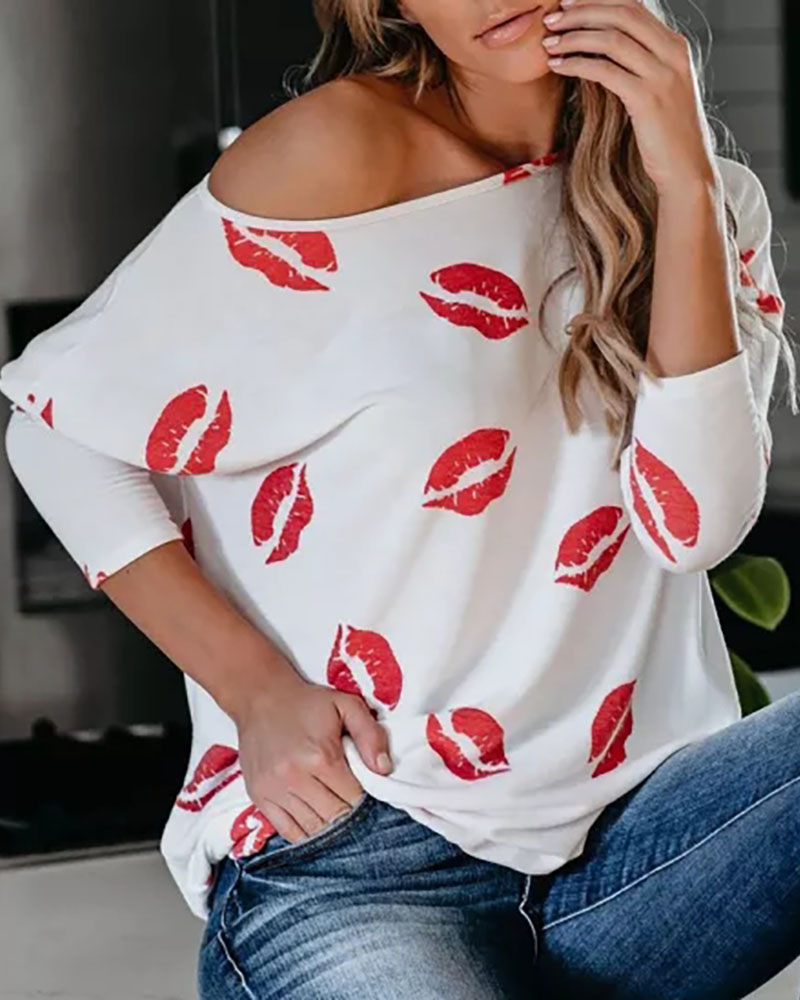 

Lip Print Long Sleeve Casual Top, White