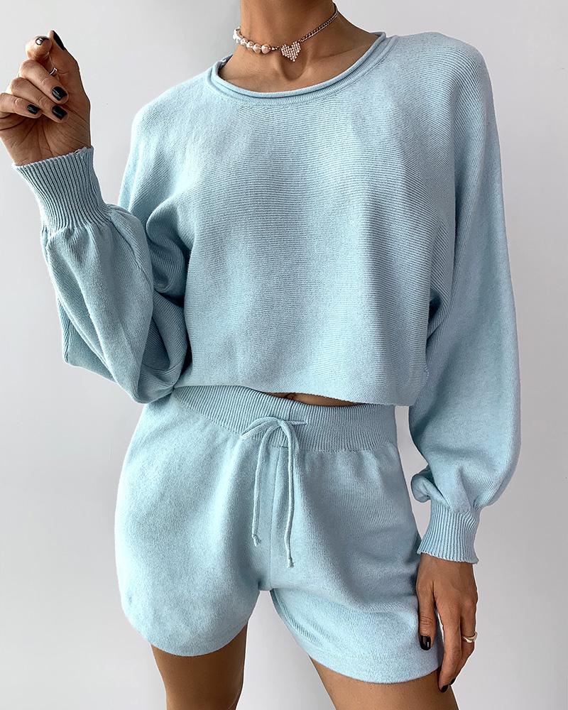 

Lantern Sleeve Casual Top & Drawstring Shorts Set, Light blue