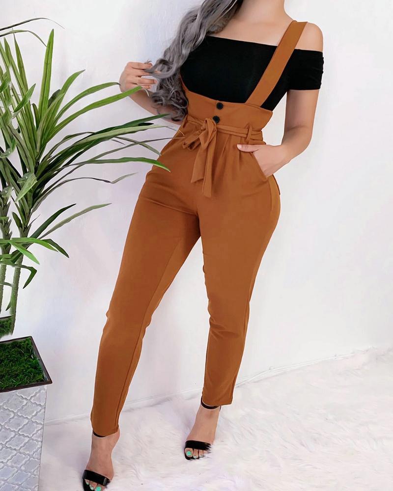 

Button Design Pockets Casual Suspender Pants, Khaki