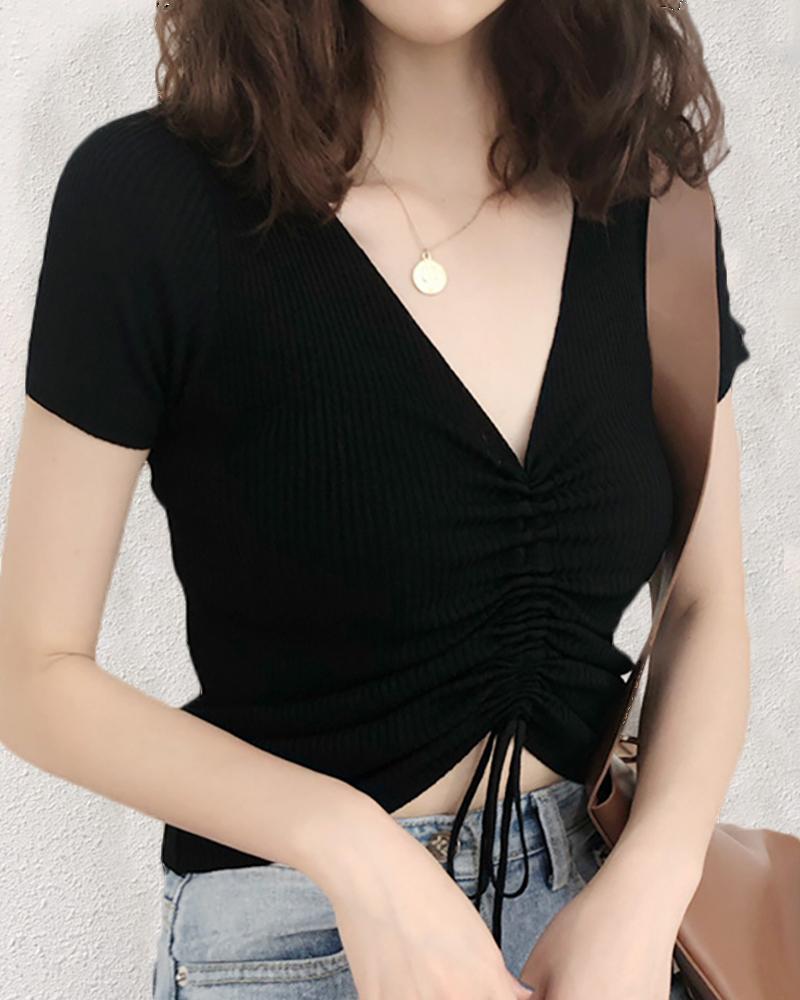 

V-neck Short Sleeve Ribbed Drawstring T-shirt, Black