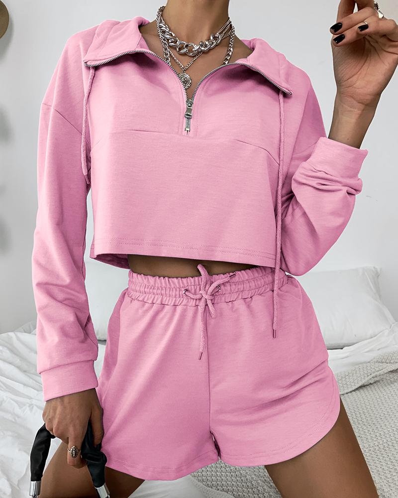 

Long Sleeve Zipper Design Top & Drawstring Shorts Set, Pink