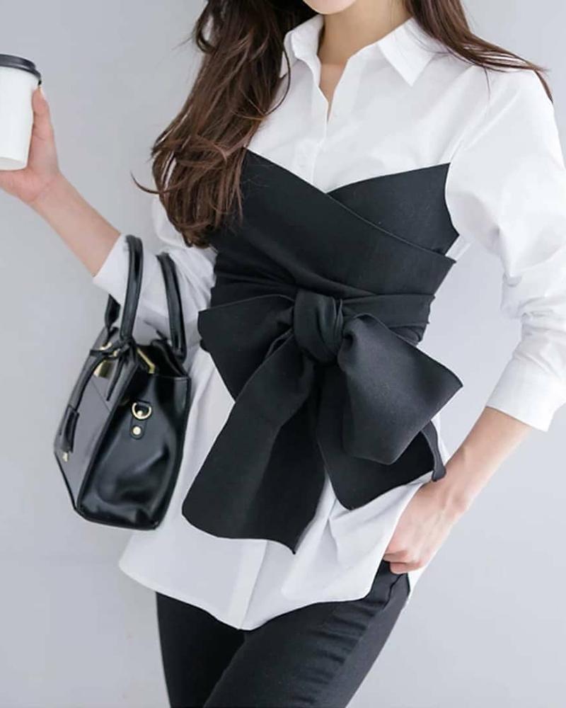 

Knotted Colorblock Fake Two Pieces Shirt, White