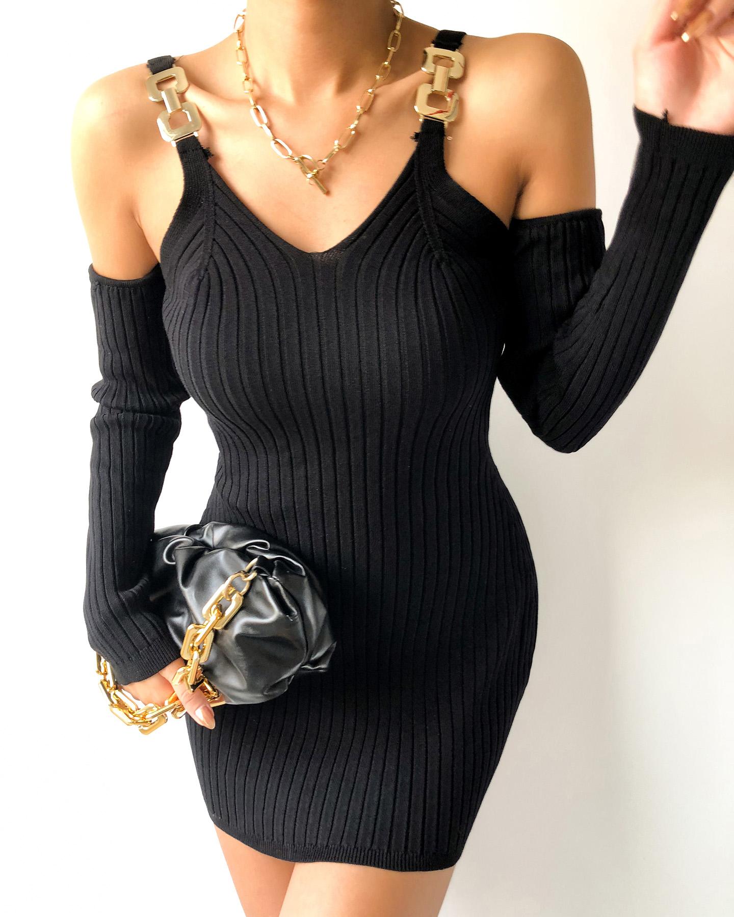 

Cold Shoulder Chain Strap Long Sleeve Bodycon Dress, Black