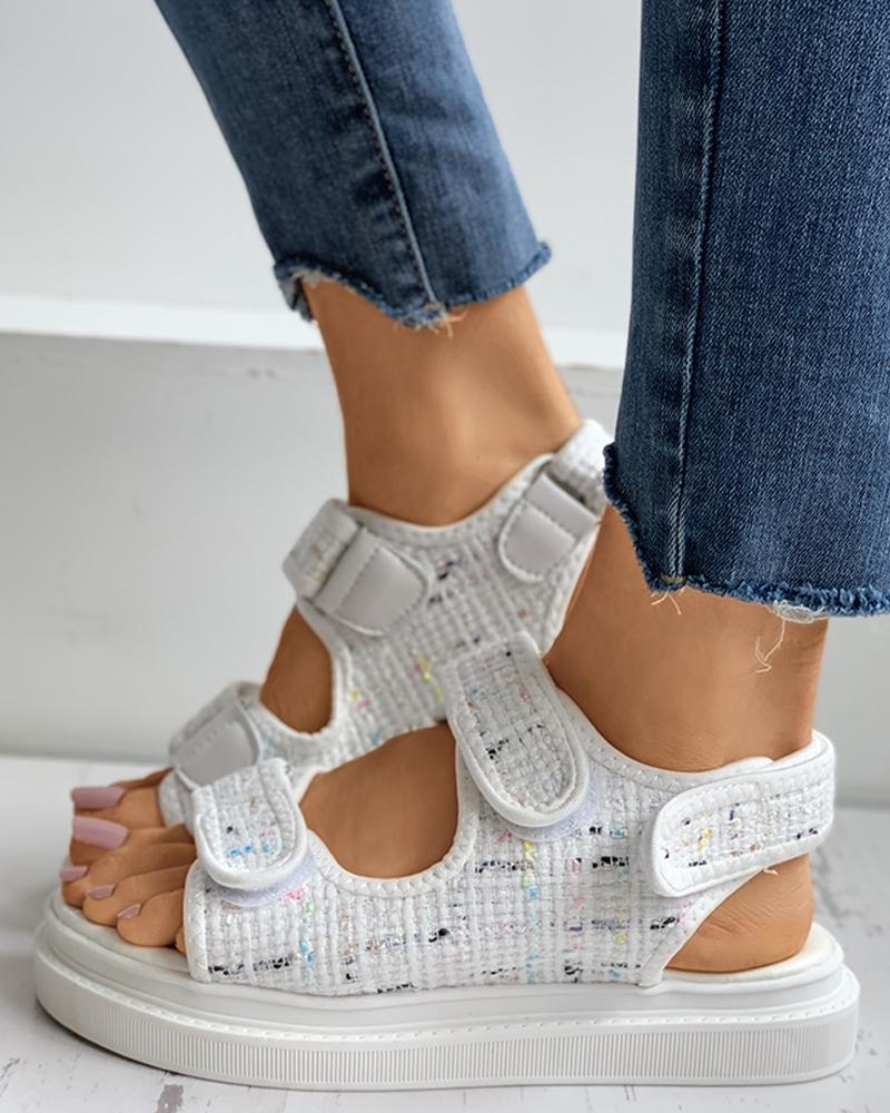 

Houndstooth Velcro Slingback Platform Sandals, White