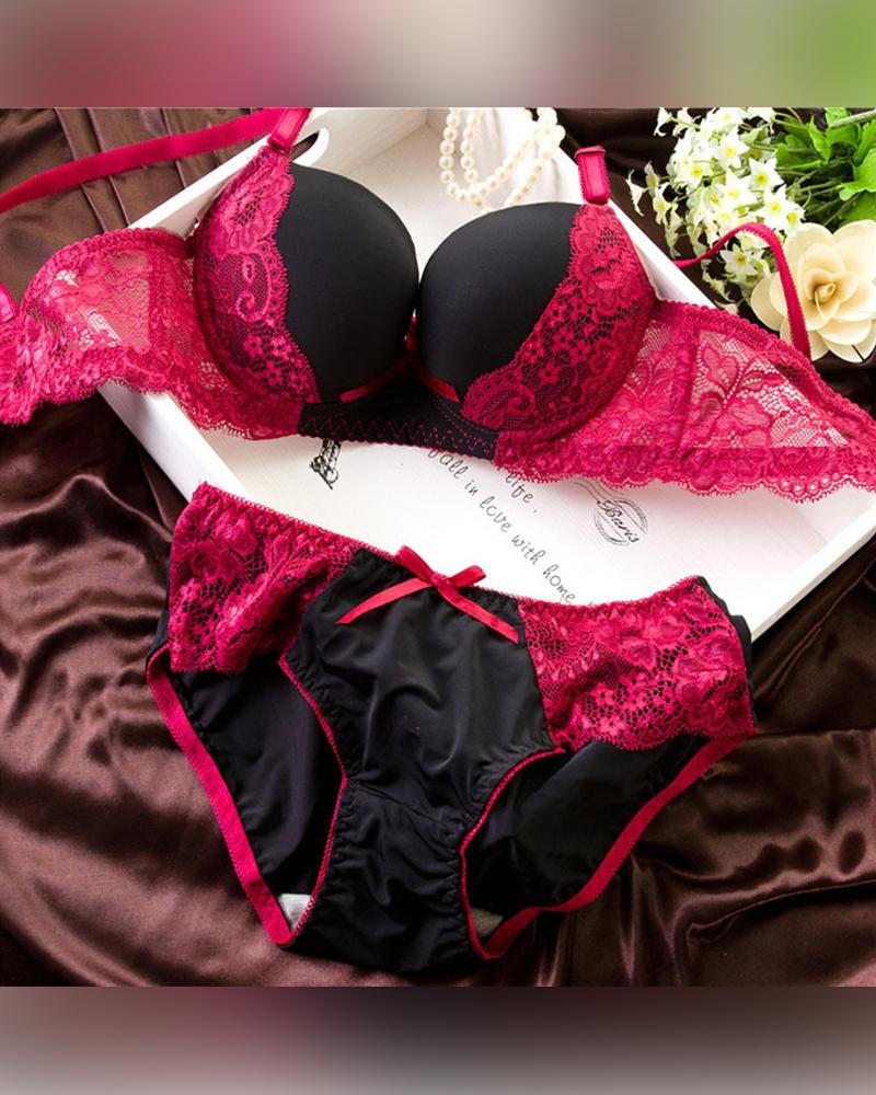 

Lace Patcwhork Strap Bra With Panties Sexy Sets, Black