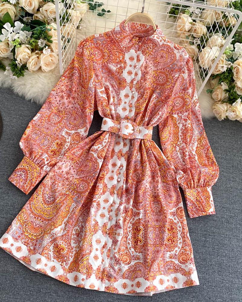 

Retro Paisley Print Lantern Sleeve Casual Dress, Pink