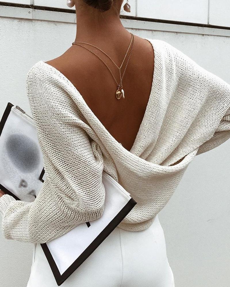 

Batwing Sleeve Solid Casual Knit Top, White