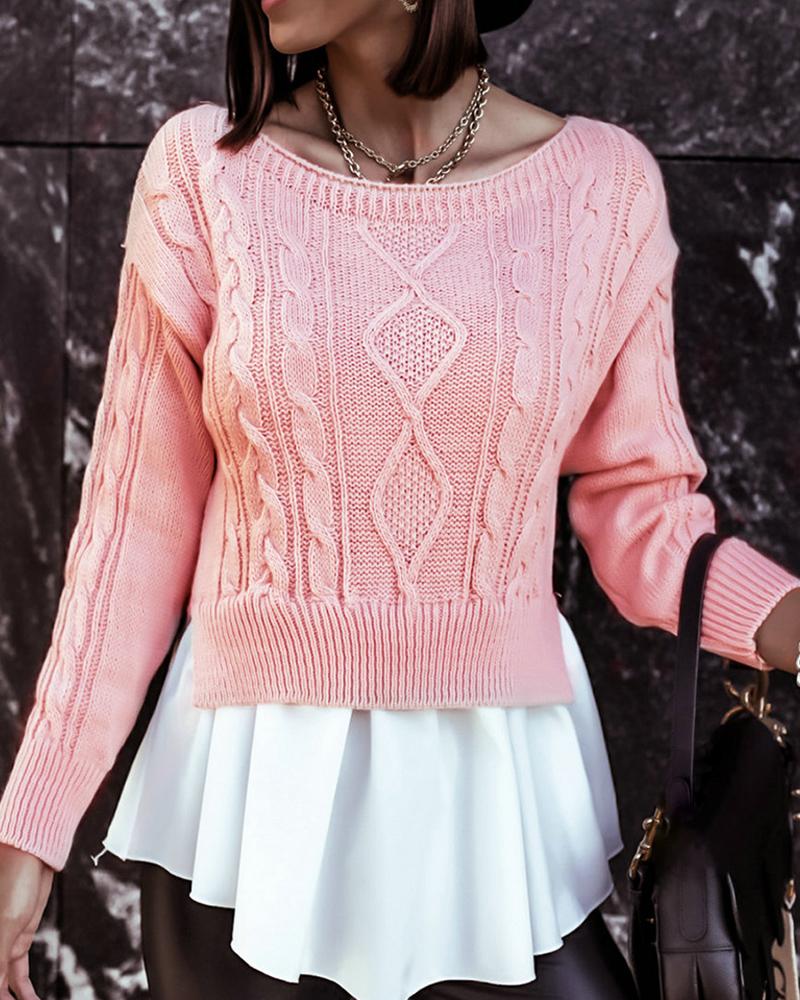 

Ruffles Hem Cable Knit Long Sleeve Sweater, Pink