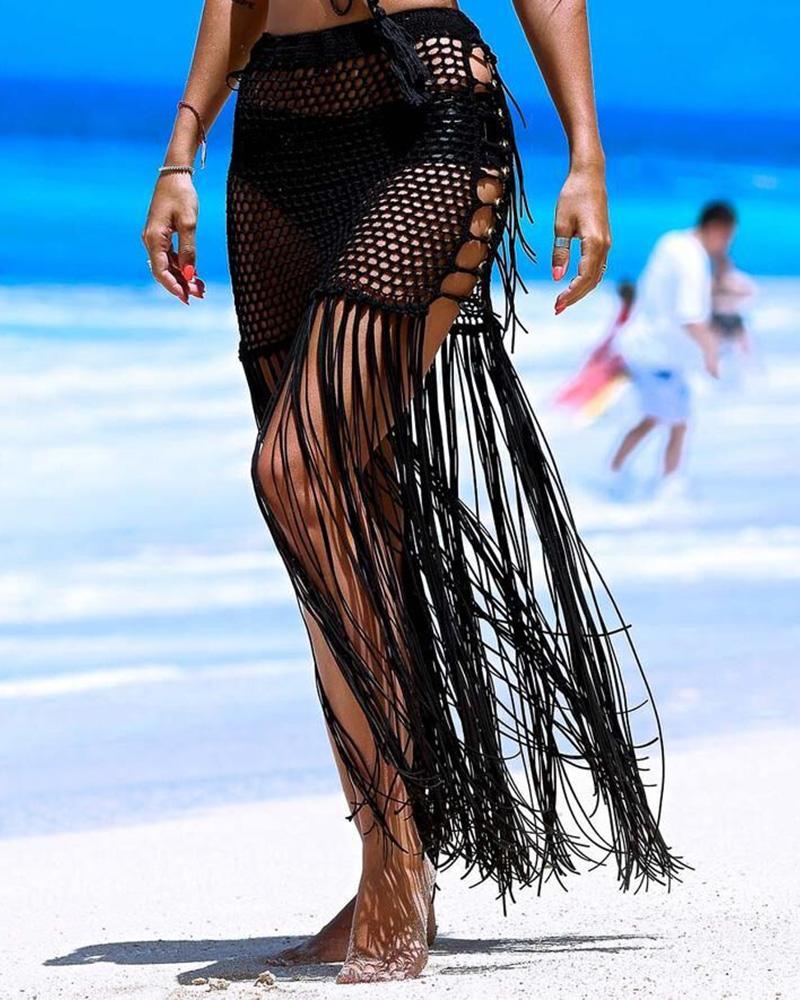 

Crochet Hollow Out Tassel Swimwear Skirt, Black