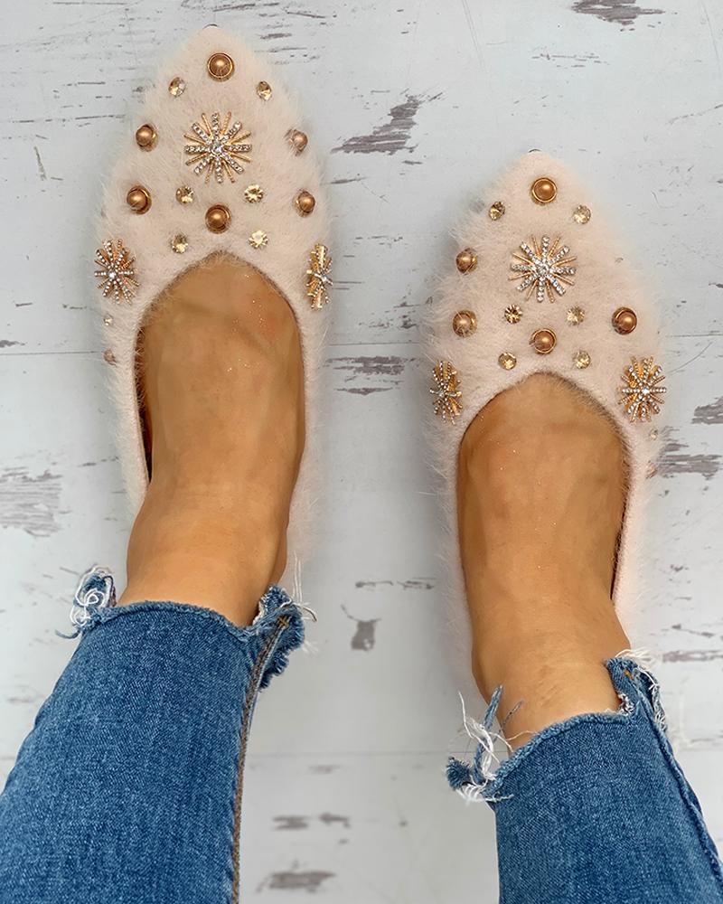

Studded Embellished Fluffy Flat Shoes, Beige