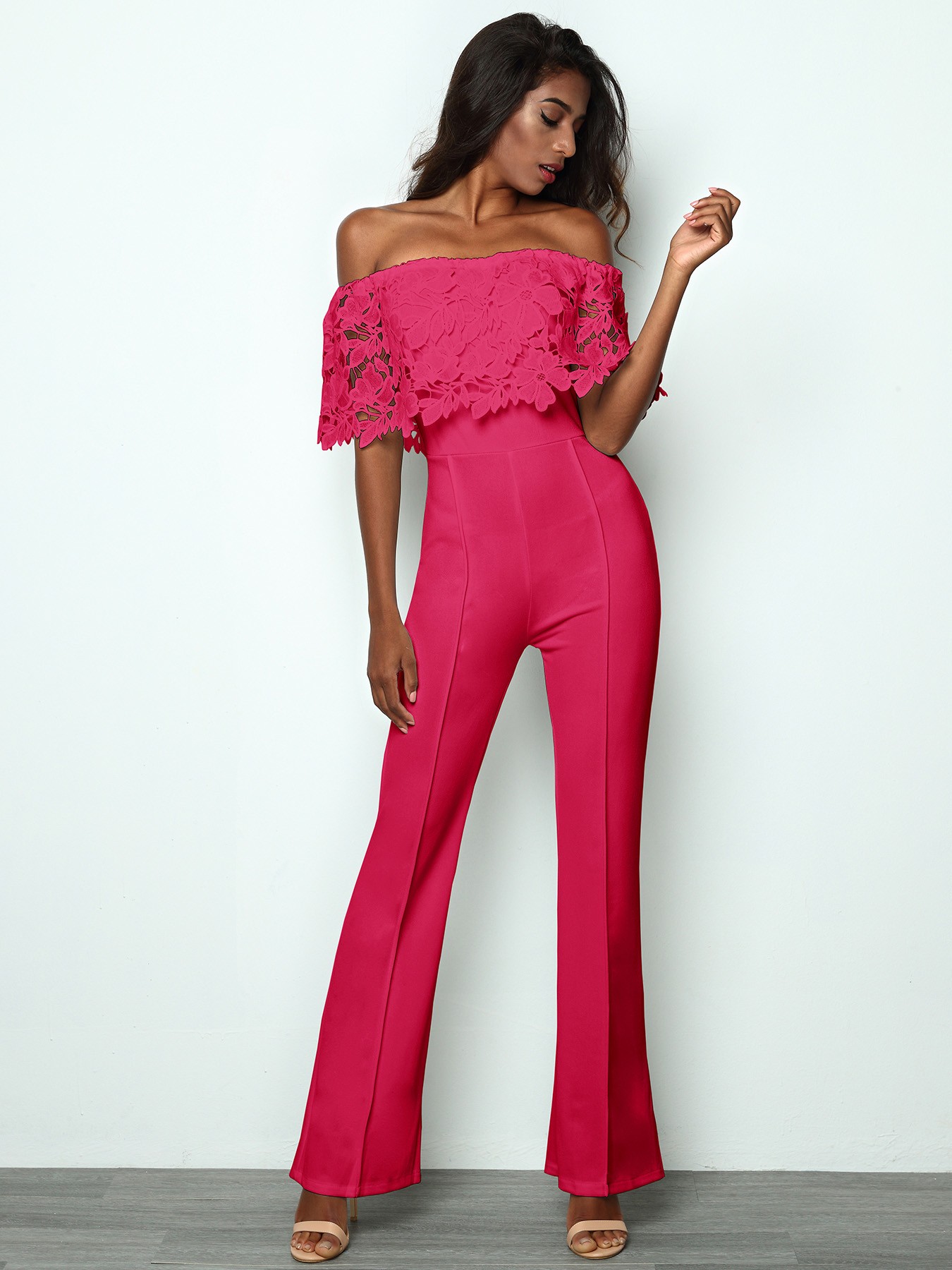 Sexy Lace Ruffled Off Shoulder Slinky Wide Leg Jumpsuit Online Discover Hottest Trend Fashion 8773