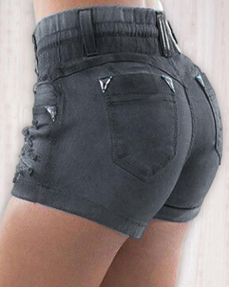 

High Waist Pocket Design Ripped Denim Shorts, Gray