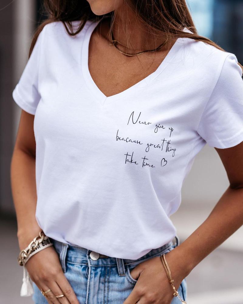 

Letter Print V-neck Short Sleeve T-Shirt, White
