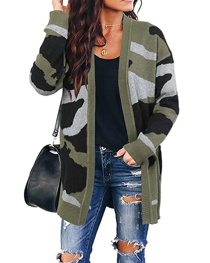 

Camouflage Long Sleeve Open Front Sweater, Army green