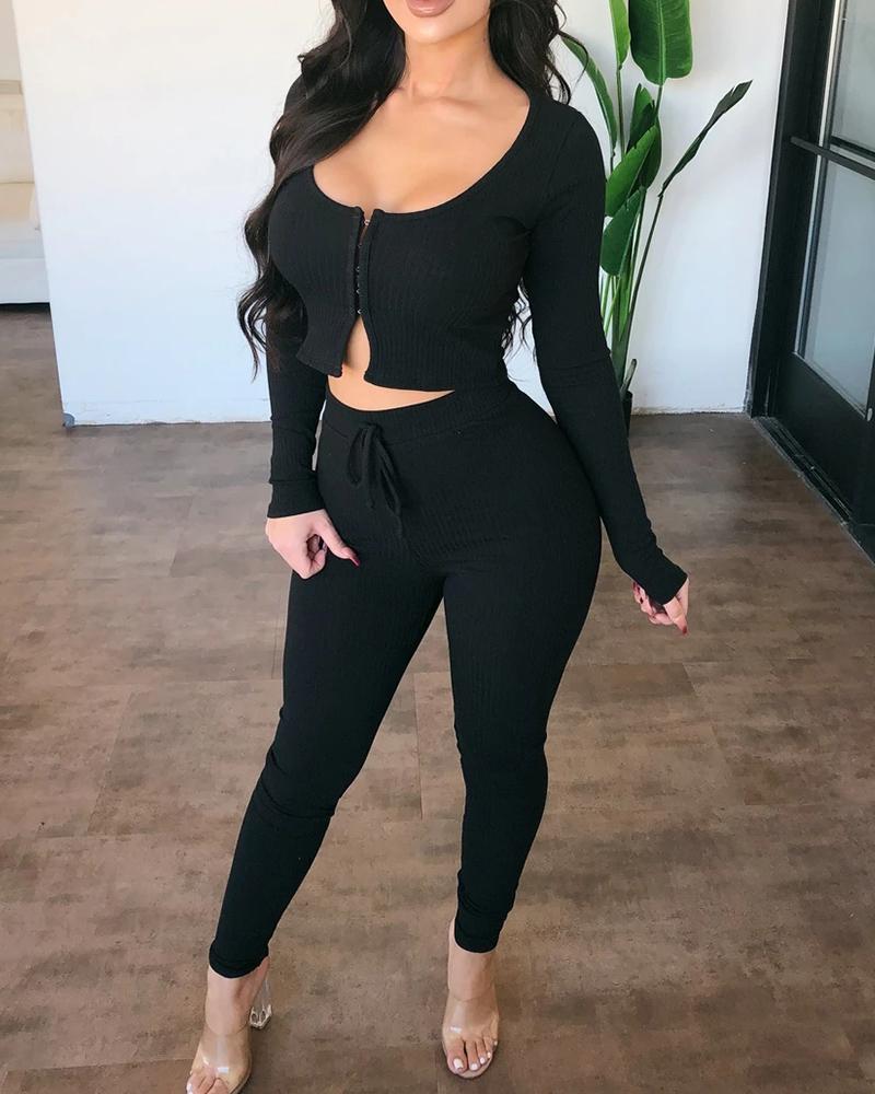 

Plain Long Sleeve Crop Top & Drawstring Waist Pants Set, Black
