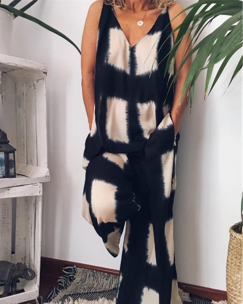 

Grid Print Cami Jumpsuit, Black
