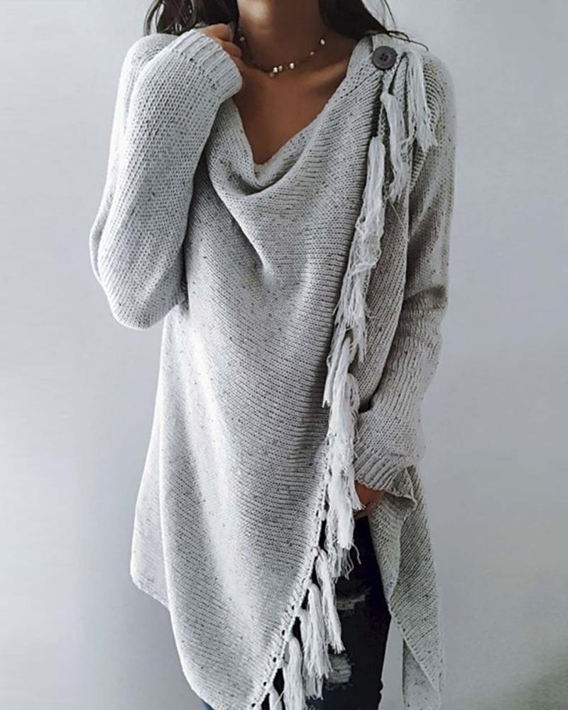 

Button Decor Tassel Design Slit Sweater, Gray