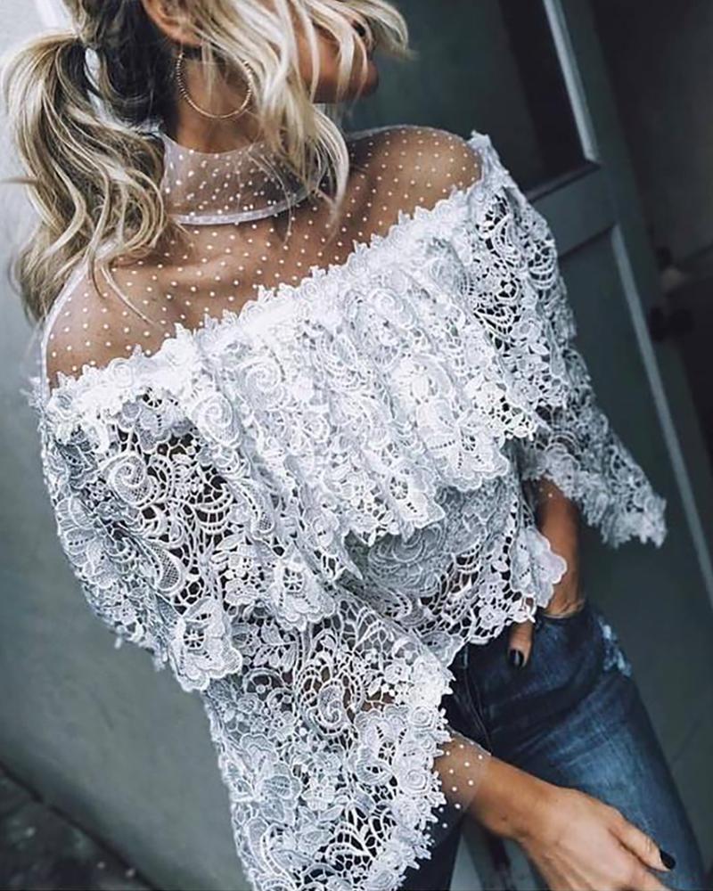 

Mesh Lace Irregular hollow Blouse, White