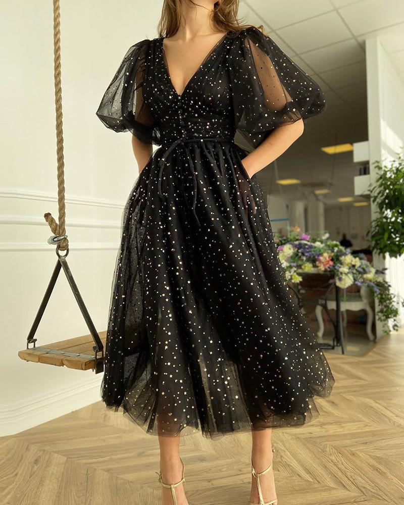 

Button Front Puff Lantern Sleeve Ruched Mesh Prom Dress, Black