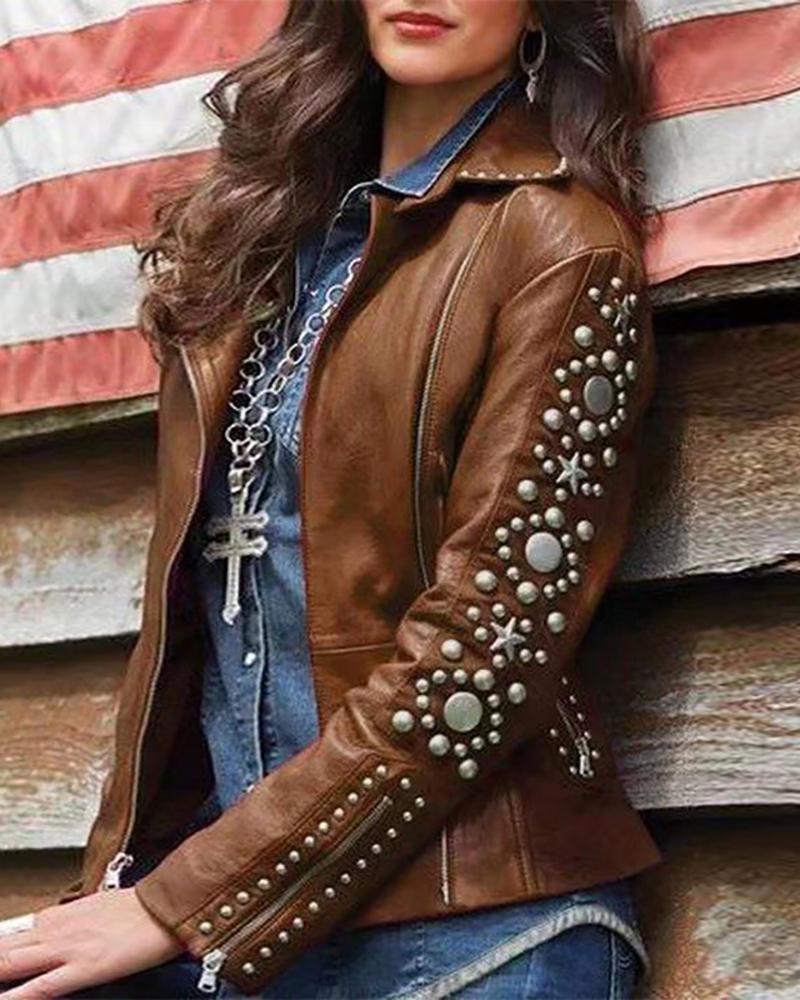 

Star Ring Pattern Beaded PU Jacket, Brown
