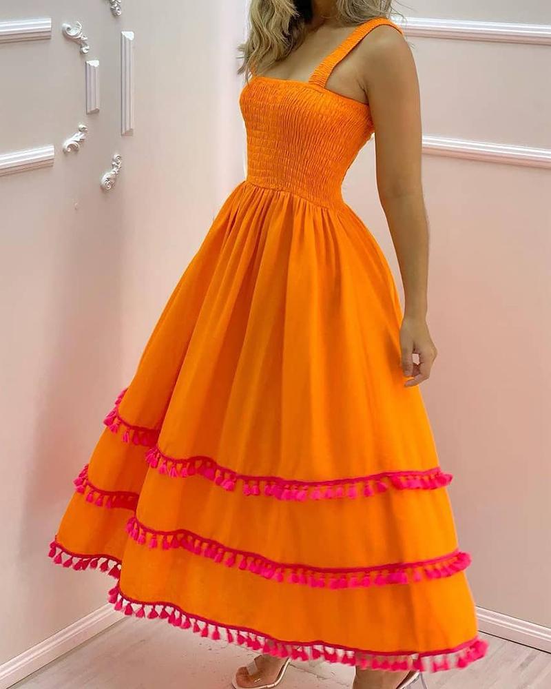 

Patchwork Fringe Design Square Neck Maxi Dress, Orange