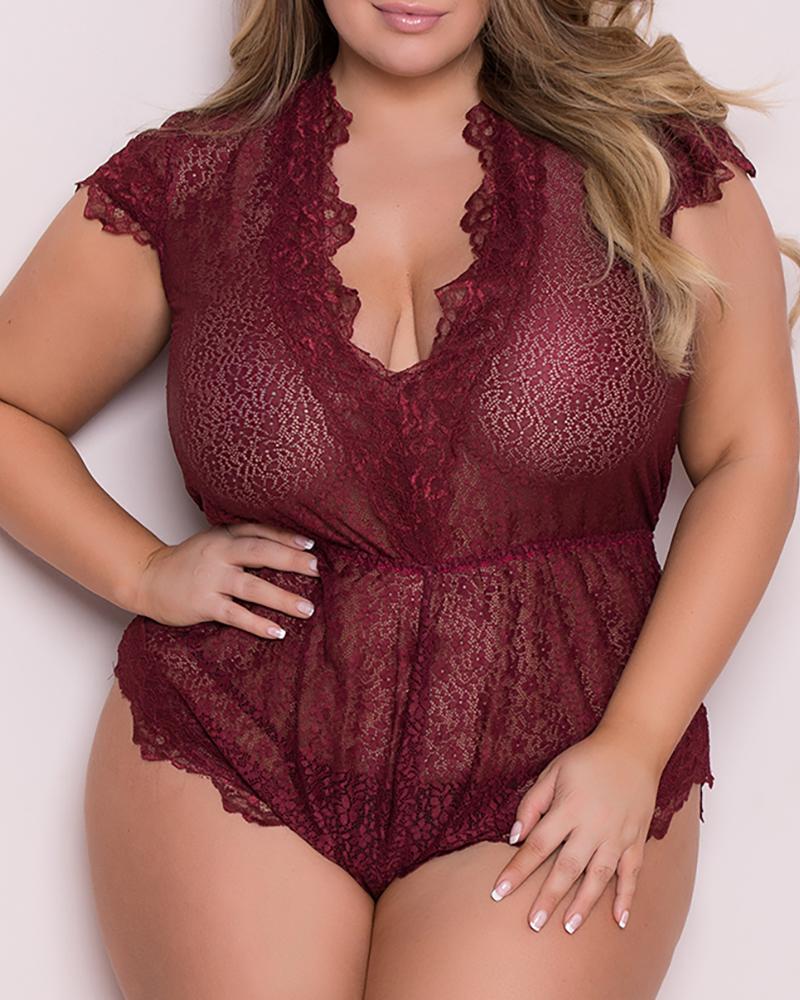 

Plus Size Guipure Lace Short Sleeve Teddy, Wine red