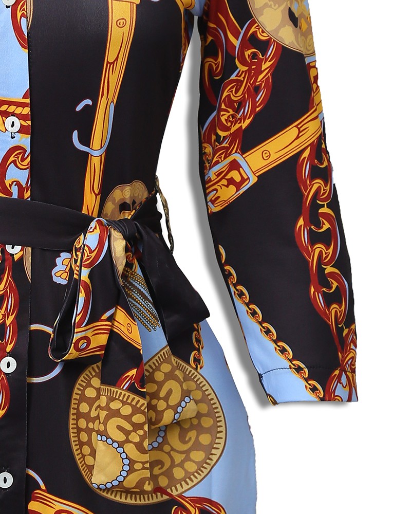 chains print belted casual shirt dress