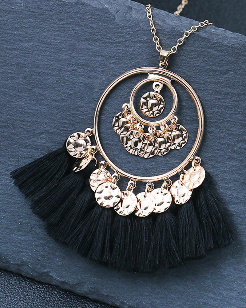 

1Pair Disc Tassel Design Round Shaped Drop Earrings, Black