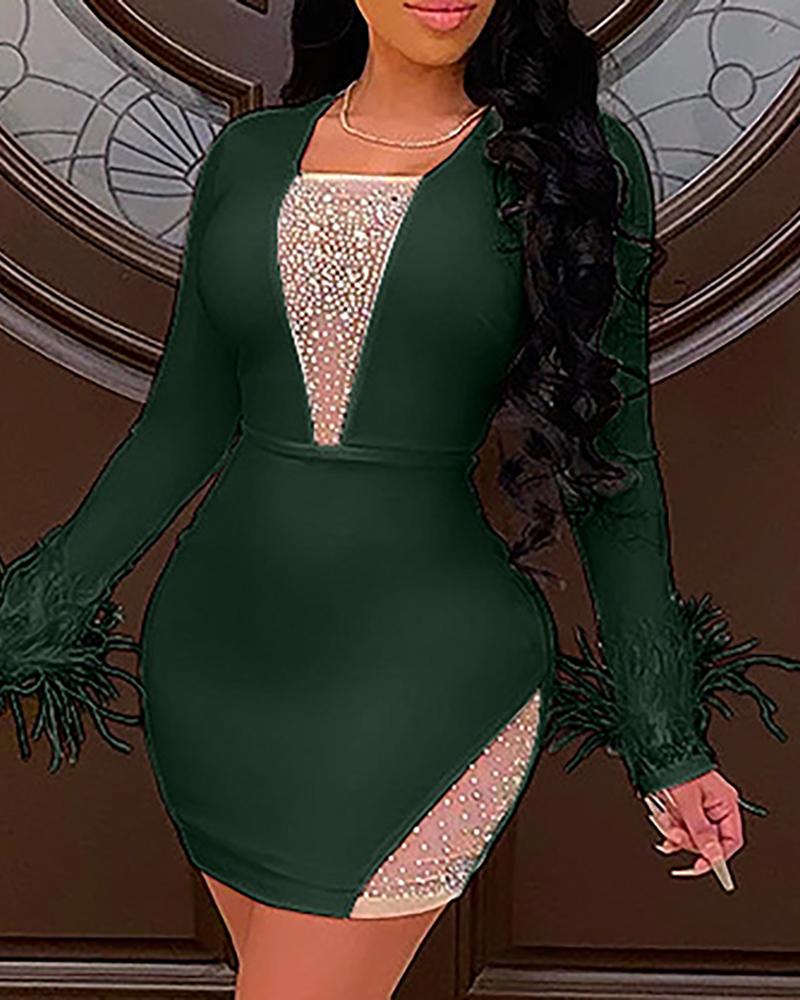 

Feather Detail Studded Long Sleeve Bodycon Dress, Green