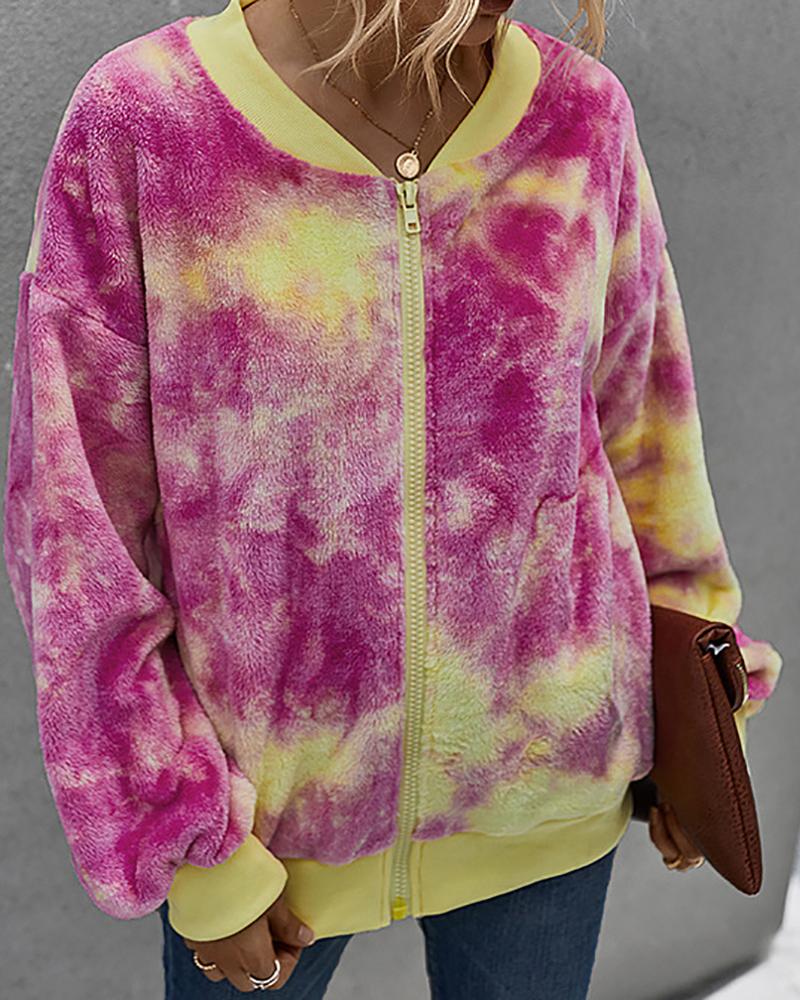 

Tie Dye Print Fluffy Zipper Design Coat, Hot pink