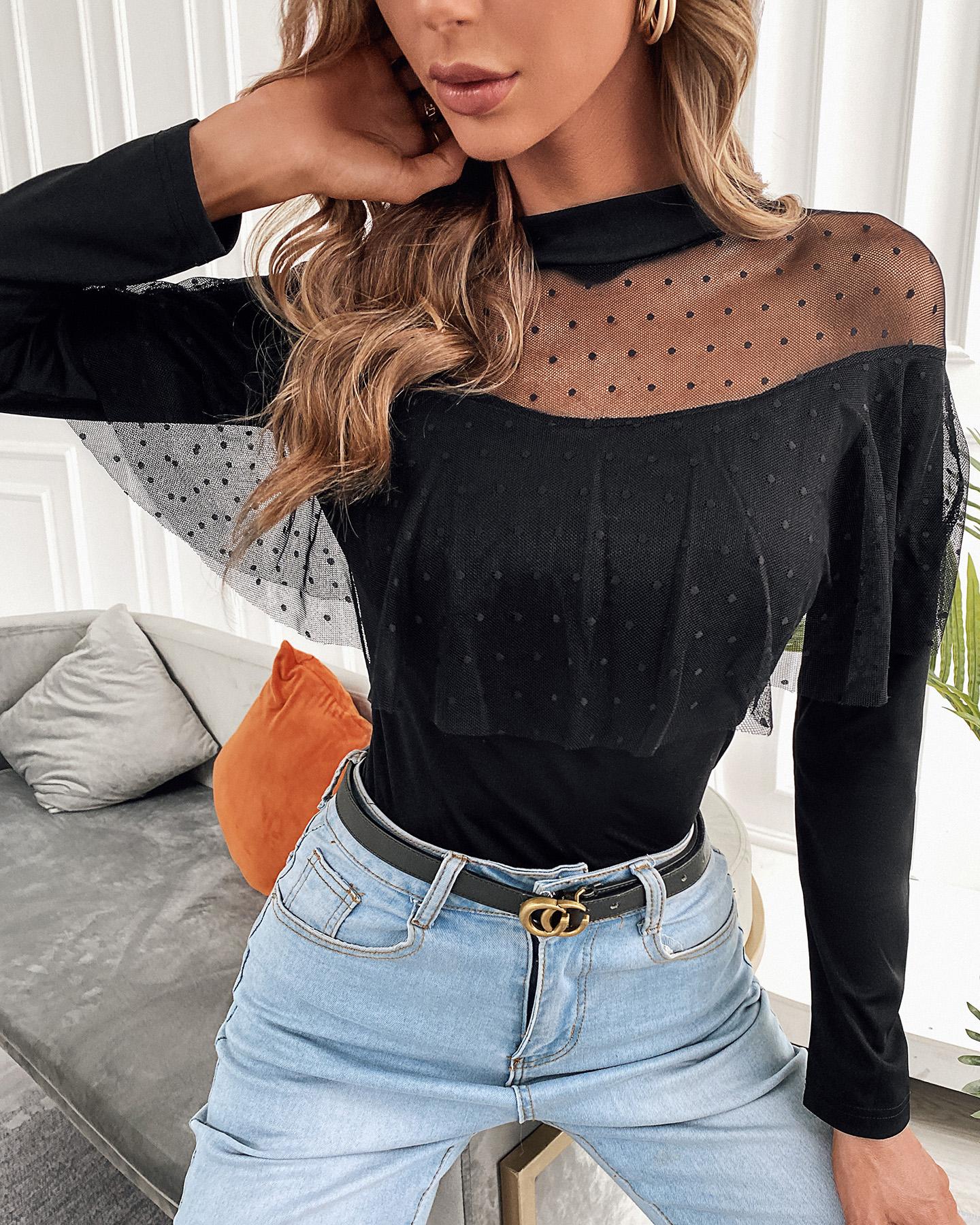 

Sheer Mesh Ruffle Hem Long Sleeve Top, Black