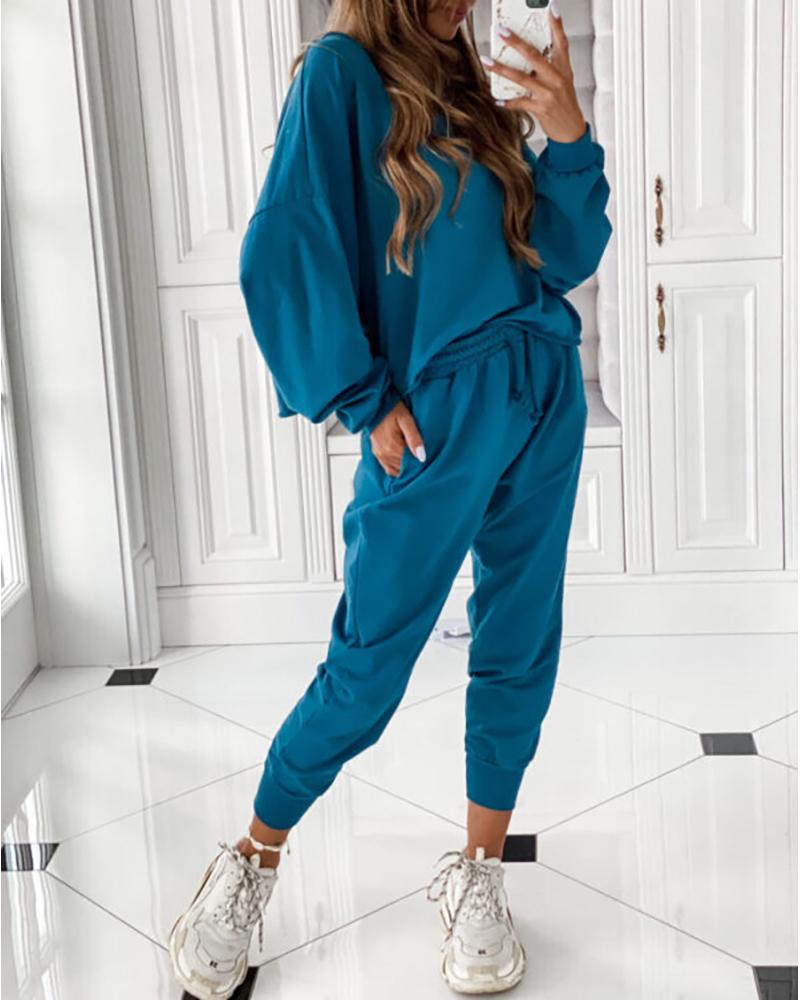 

Lantern Sleeve Solid Top & Drawstring Pants Sets, Blue