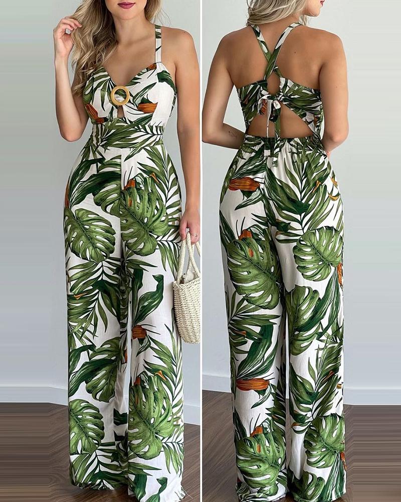 

Tropical Print Halter V Neck Jumpsuit, Green