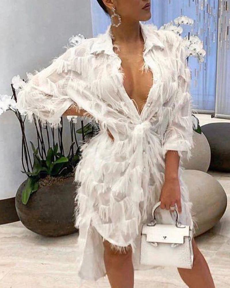 

White Tassels Asymmetrical Shirt Dress