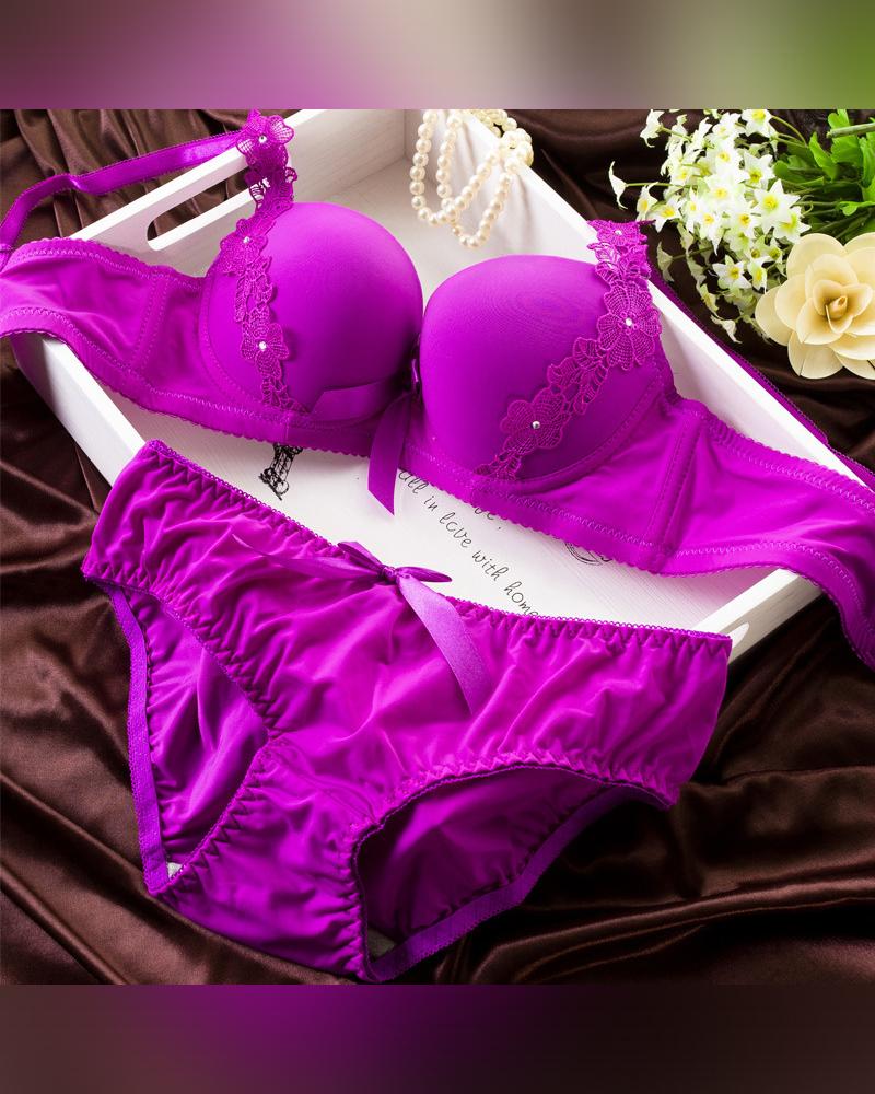 

Solid Lace Strap Bra With Panties Bra Sets, Purple